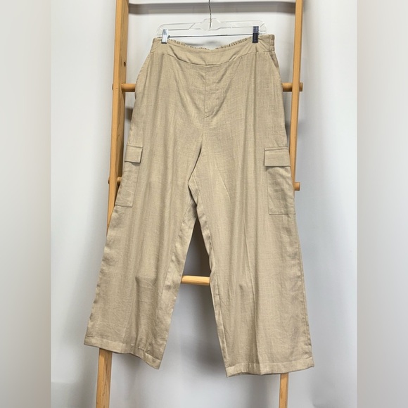 JESSICA SIMPSON Khaki Wide Leg Linen blend cargo pants size M - Picture 1 of 14
